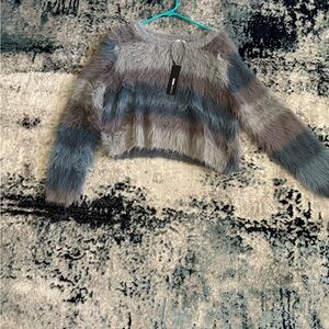 Fashion Nova Fuzzy Striped Sweater - Gray and Blue